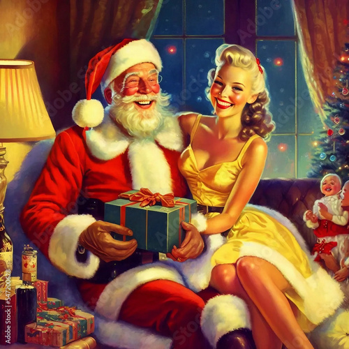 Santa Claus with Christmas gifts with a beautiful woman, fireplace in a room decorated for Christmas with Christmas lights and candles and Christmas tree