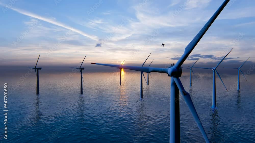 Windmill park. Offshore wind turbines farm on the ocean. Sustainable energy production. Green Energy, clean power, clean energy concept. Windmill park. Offshore wind turbines farm on the ocean. Sustainable energy production. Green Energy, clean power, clean energy concept.