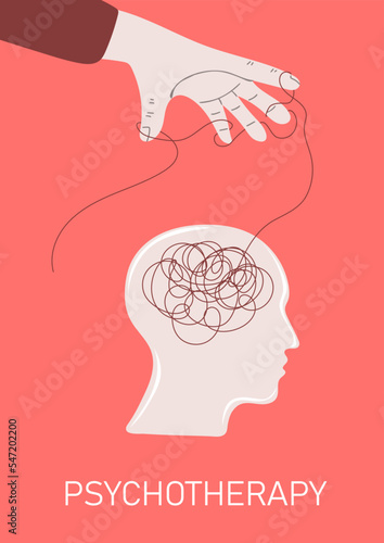 Human hand holding thread of chaos in the heads silhouette. Mental health.Psycho therapy concept. Therapist and patient. Vector illustration for psychologist blog or social media post
