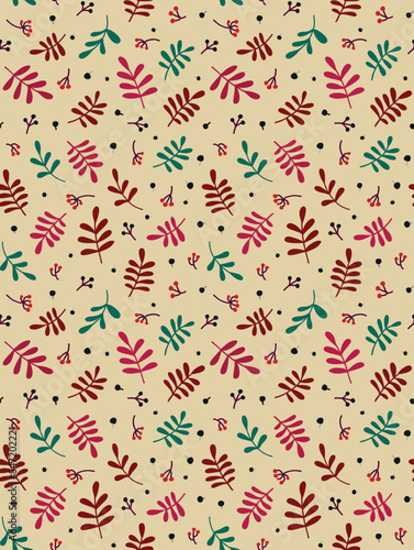 Vector seamless floral autumn pattern with leaves and berries