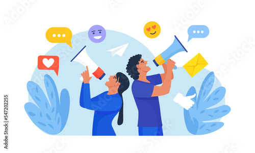 Social Media Promotion and Digital Marketing. People Standing and Use Loudspeaker to Communicate with Audience. Marketing Announcement. PR Agency Teamwork. Content Strategy and Management. Advertising