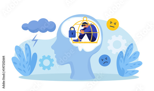 Head silhouette with mental trap as closed cage. Psychological mindset problem as feeling like trapped in birdcage. Stuck in comfort zone. Personal growth issue. Person with distorted world view