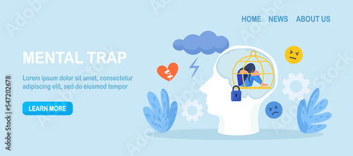 Head silhouette with mental trap as closed cage. Psychological mindset problem as feeling like trapped in birdcage. Stuck in comfort zone. Personal growth issue. Person with distorted world view