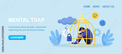 Head silhouette with mental trap as closed cage. Psychological mindset problem as feeling like trapped in birdcage. Stuck in comfort zone. Personal growth issue. Person with distorted world view