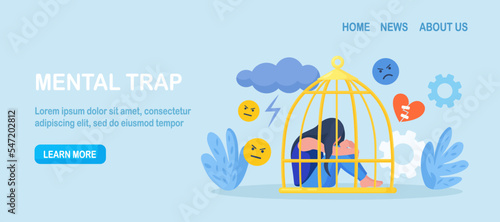 Psychological mindset as feeling like trapped in birdcage. Inner prison as mind state. Personal mental trap as closed cage. Stuck in comfort zone. Mental illness, anxiety, depression, loneliness