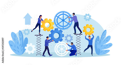Business organization. Teamwork. People working together to help success mission. Businessmen are engaged in business promotion. Cooperation or community concept. Employees create mechanism with cogs