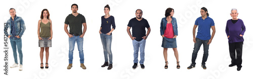  group of people with hands in pockets on white background
