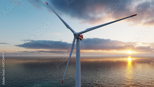 Offshore Wind Turbines Farm at sunset. 3d rendering.