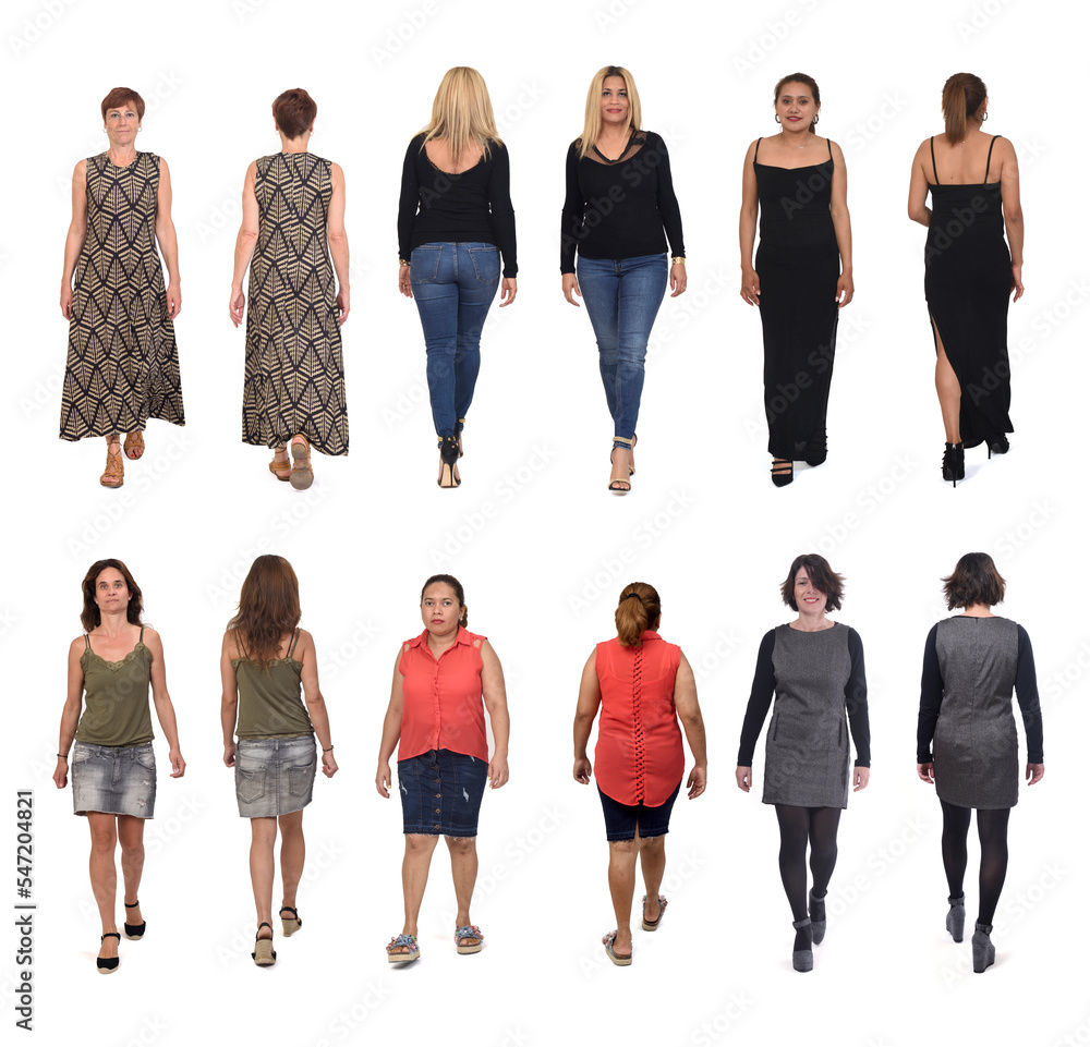 Obraz premium back view of a group of same women walking on white background
