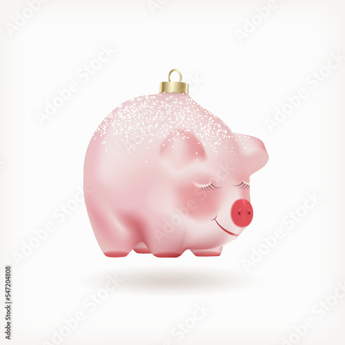 Cute adorable pink baby pig Christmas or New Year Bubble or toy isolated on white background. Realistic 3D Vector Illustration photo