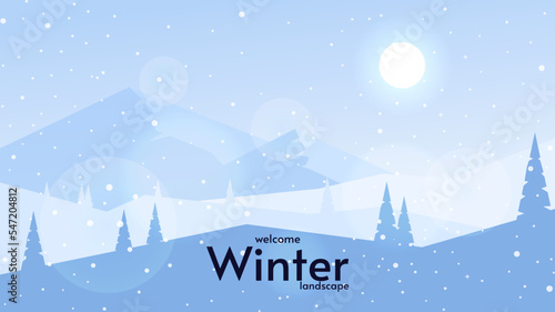 Winter landscape with sun on blue sky. Mountains with hills and trees. Design for wallpaper, background, greeting card, touristic card.