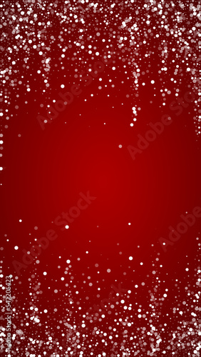 Beautiful snowfall christmas background. Subtle flying snow flakes and stars on christmas red background. Beautiful snowfall overlay template. Vertical vector illustration.