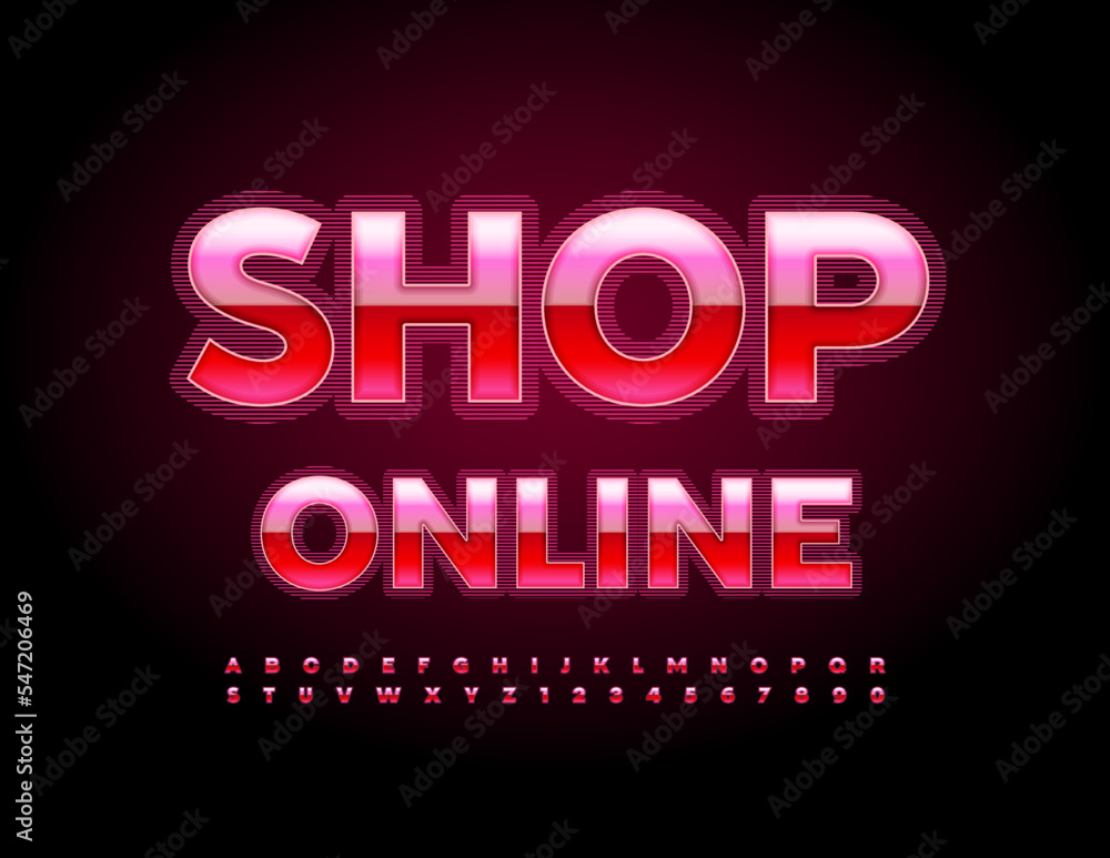 Vector creative poster Shop Online. Bright glossy Font. Digital Alphabet Letters and Numbers set
