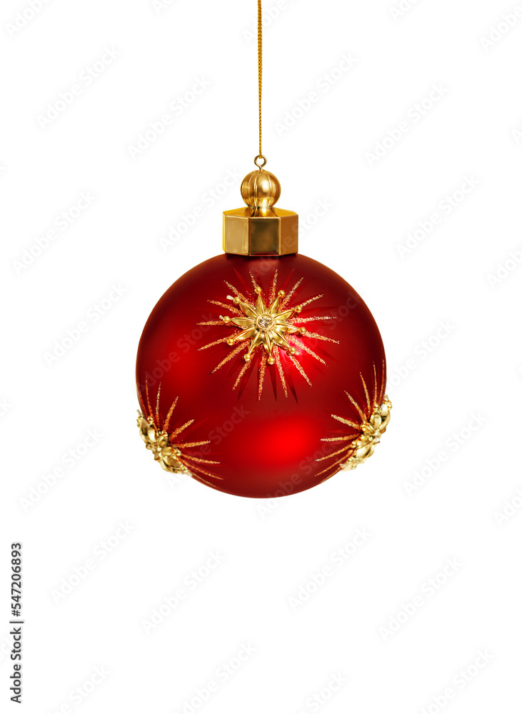 Christmas red ball with gold stars on white background. Christmas ornaments and New Year decor.