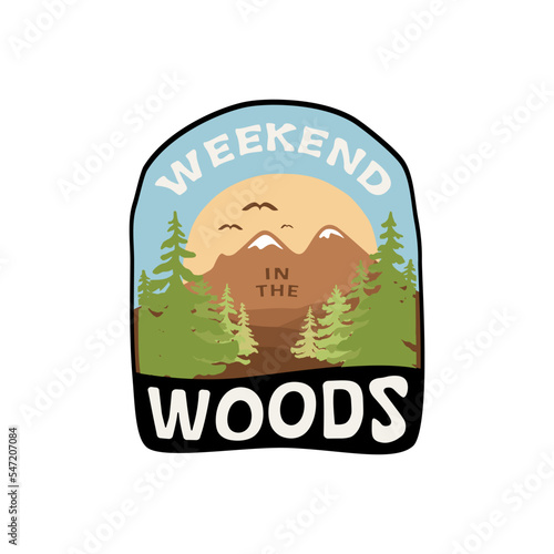 weekend in the wood with a vector of vintage camping and outdoor adventure logos, landscape, and design elements, suitable print for t-shirts and merchandise.