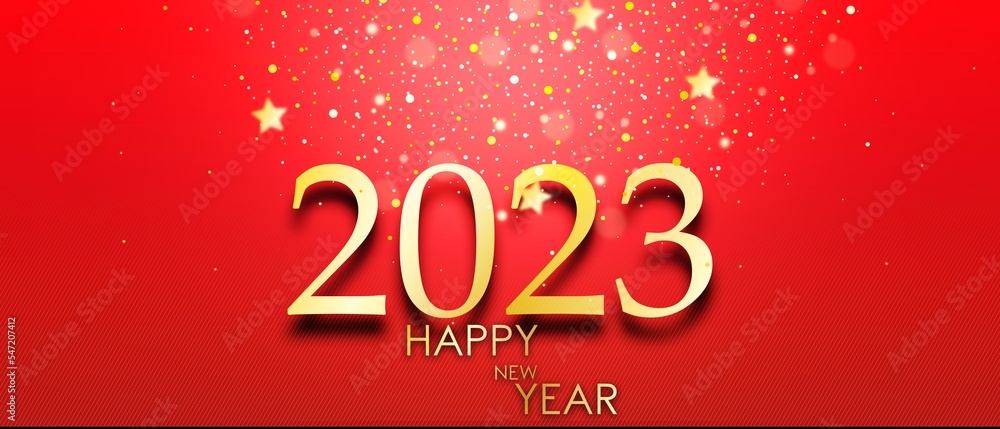 happy new year 2023 on red background and gold stars and glitter