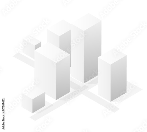 A vector isometric illustration of a white city on white design street buildings