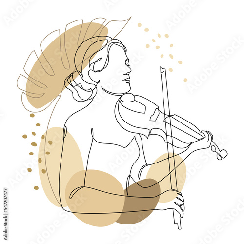 Silhouette of a beautiful woman with a violin or a plant leaf in a modern continuous line style. Violinist girl, slender. Continuous outline for decor, posters, stickers, logo. Vector illustration