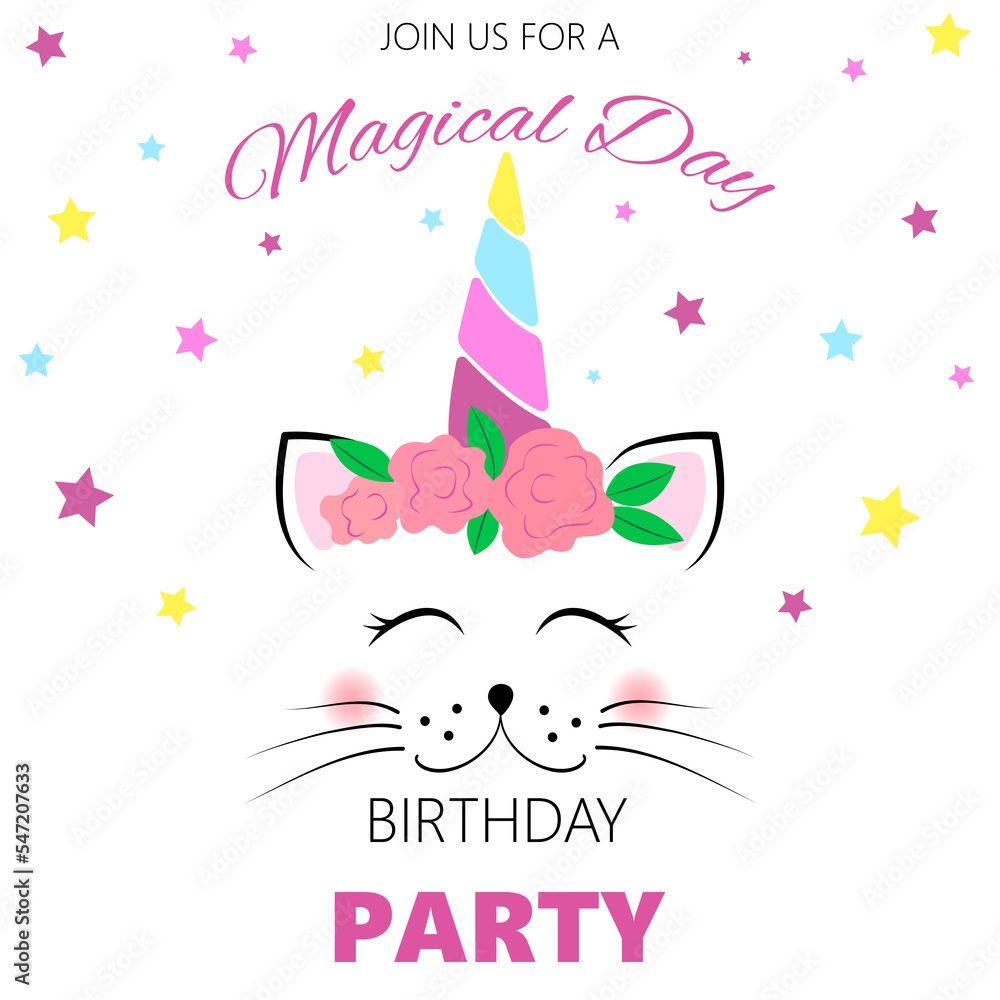 Birthday invitation with a unicorn cat in a wreath. Children's birthday invitation template. Cute unicorn cat. Vector illustration Birthday invitation with a unicorn cat in a wreath. Children's birthday invitation template. Cute unicorn cat. Vector illustration