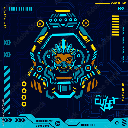 Samurai cyberpunk ninja design with dark background. Abstract technology vector illustration.