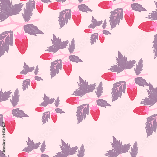 Freehand wild strawberry branch seamless pattern. Hand drawn wild berries floral wallpaper. Strawberry plant endless backdrop.