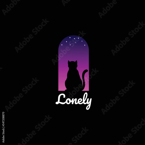 illustration of a cat sitting by the window looking at the stars at night.cat cartoon logo