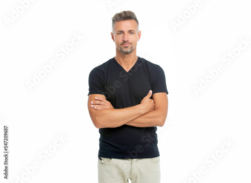 mature grizzled man isolated on white background. grizzled man in casual tshirt.