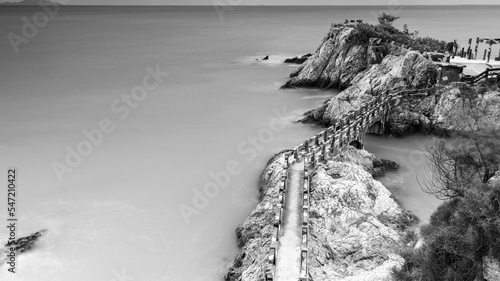 Fotografie, Tablou Grayscale shot of a footbridge along big rocks on a coast