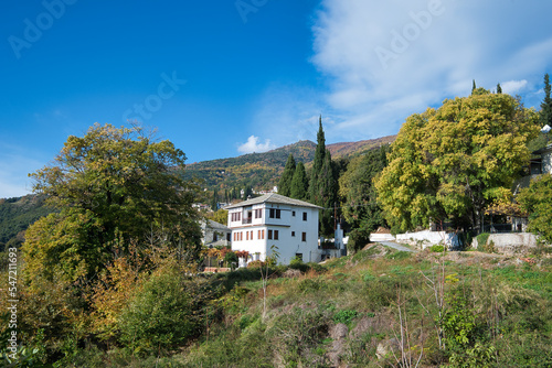 Landscape with yellow and brown autumn colors and mountains with nice sky. Mount Pelion, Milies, Greece