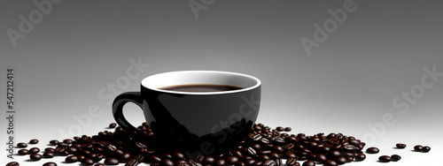 Coffee cup with dark roasted beans for caffeine drink 3D. Cafe mug of hot black espresso 8K