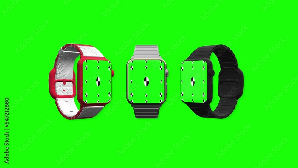 Three smart watch with green screen rotating on green screen. Animated