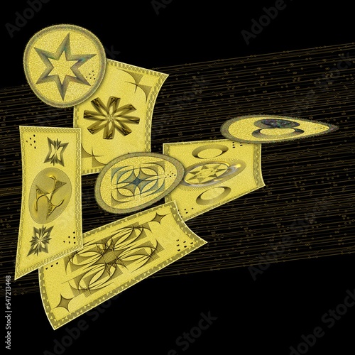 Photography Illustration of fanciful golden cryptocurrency on a black background
