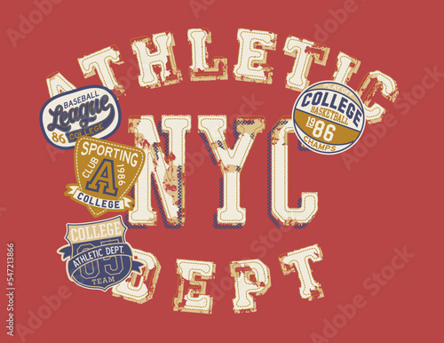 College vintage sporting league athletic department  badges grunge vector print for boy sport wear with embroidery patches applique