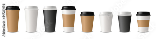 Set of realistic paper coffee cups on white background. Empty clean paper collection. Coffee cup Mockup. 3D vector mockup. Vector EPS 10