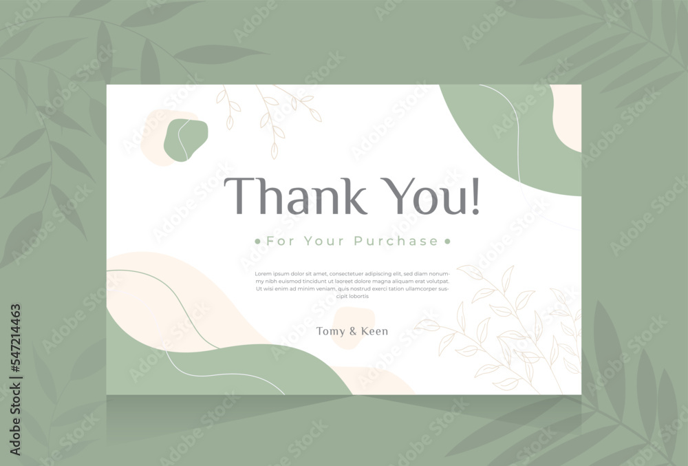 Thank you for purchase card design with hand drawn flower abstract shape pastel green background template