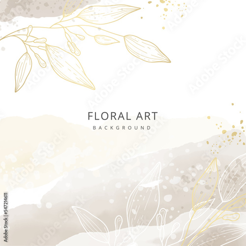 Luxury square background with elegant  floral shapes. Gold on watercolor brown beige texture. Vector illustration of neutral pastel colors for wedding invitation, greeting card, social media post
