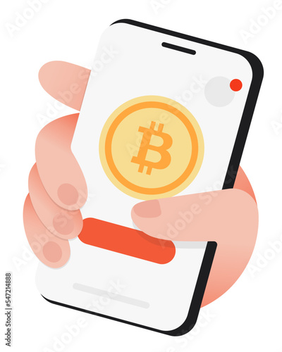 Buying and selling cryptocurrency. Hand holding the phone on the screen shows bitcoin. (ID: 547214888)