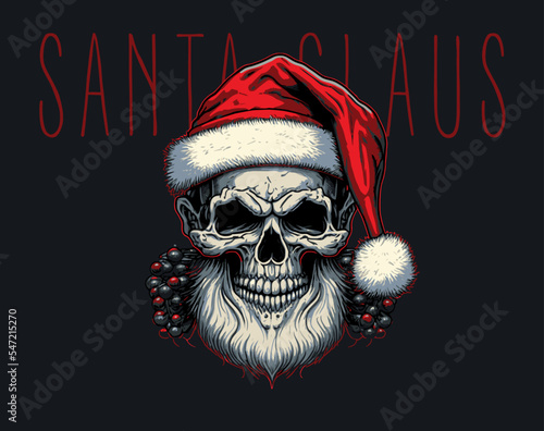 Skull Santa Claus vintage style. Vector illustration. New Year or Christmas party poster.