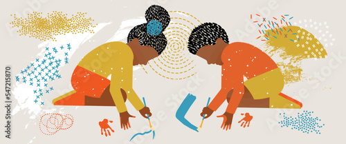 diversity people - black boy and black girl playing paint - colored background