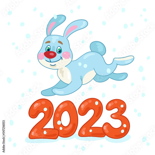 Funny rabbit, the symbol of the Chinese New Year, jumps over the number 2023. In cartoon style. Isolated on white background. Vector flat illustration.