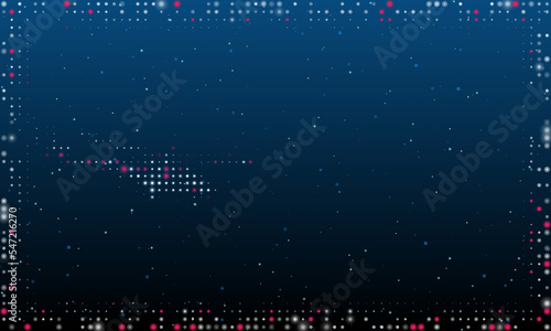 On the left is the helicopter symbol filled with white dots. Pointillism style. Abstract futuristic frame of dots and circles. Some dots is pink. Vector illustration on blue background with stars