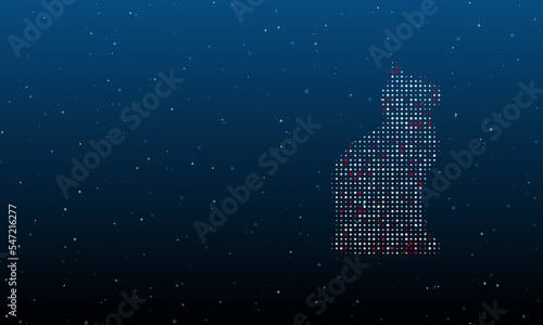 On the right is the cat symbol filled with white dots. Background pattern from dots and circles of different shades. Vector illustration on blue background with stars