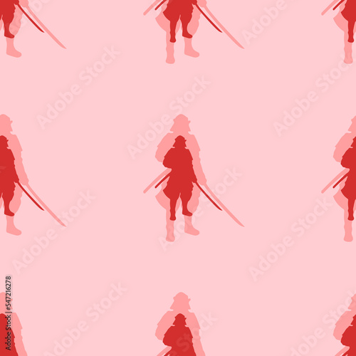 Seamless pattern of large isolated red samurai symbols. The elements are evenly spaced. Vector illustration on light red background
