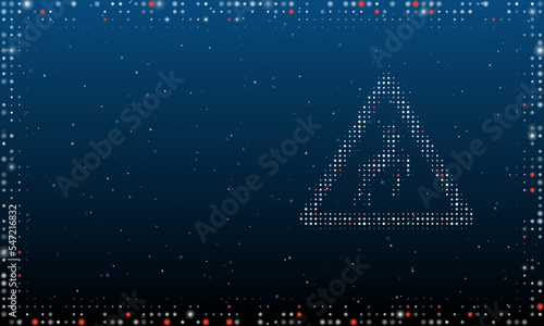On the right is the wild animals road symbol filled with white dots. Abstract futuristic frame of dots and circles. Vector illustration on blue background with stars