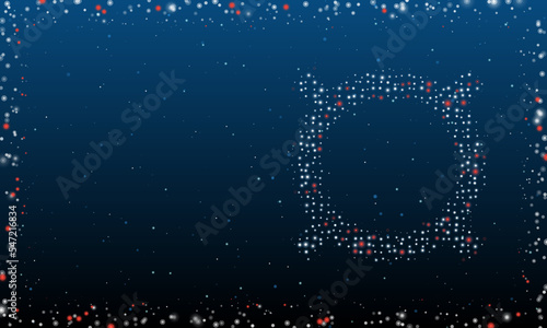 On the right is the currency symbol filled with white dots. Pointillism style. Abstract futuristic frame of dots and circles. Some dots is red. Vector illustration on blue background with stars