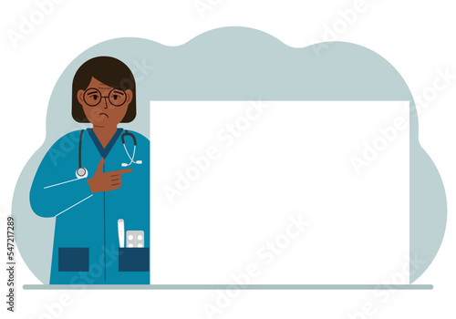 A female doctor in a lab coat is holding a large piece of paper. The doctor points to a blank sheet of paper to write your personal message or advice.