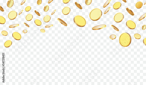 Earnings gold money rain. Golden coins of million dollars lottery games prize. Cash explosion and flying coin vector illustration