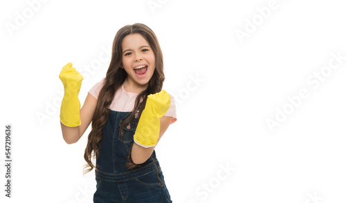 photo of glad cleaner girl with gloves. cleaner girl in cleaning gloves with copy space