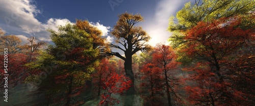 Beautiful autumn forest above the water against the background of the setting sun among the clouds  3d rendering