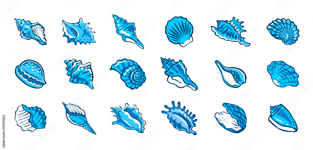 Seashells set. Snail sea shell. Marine underwater twisted seashell ...